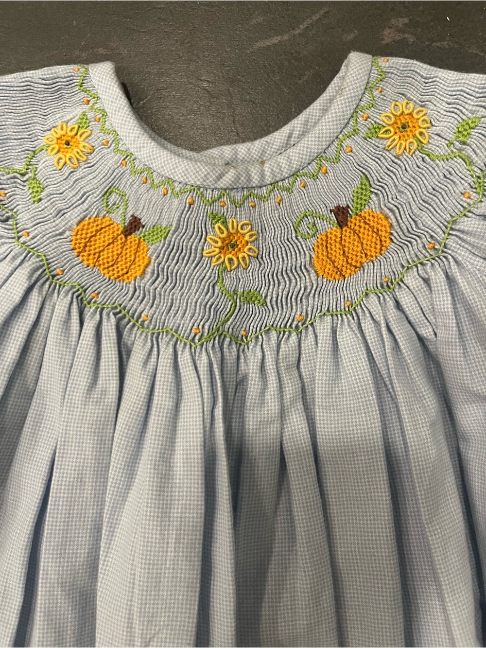 Smocked Light Blue Dress with Pumpkins and sunflowers